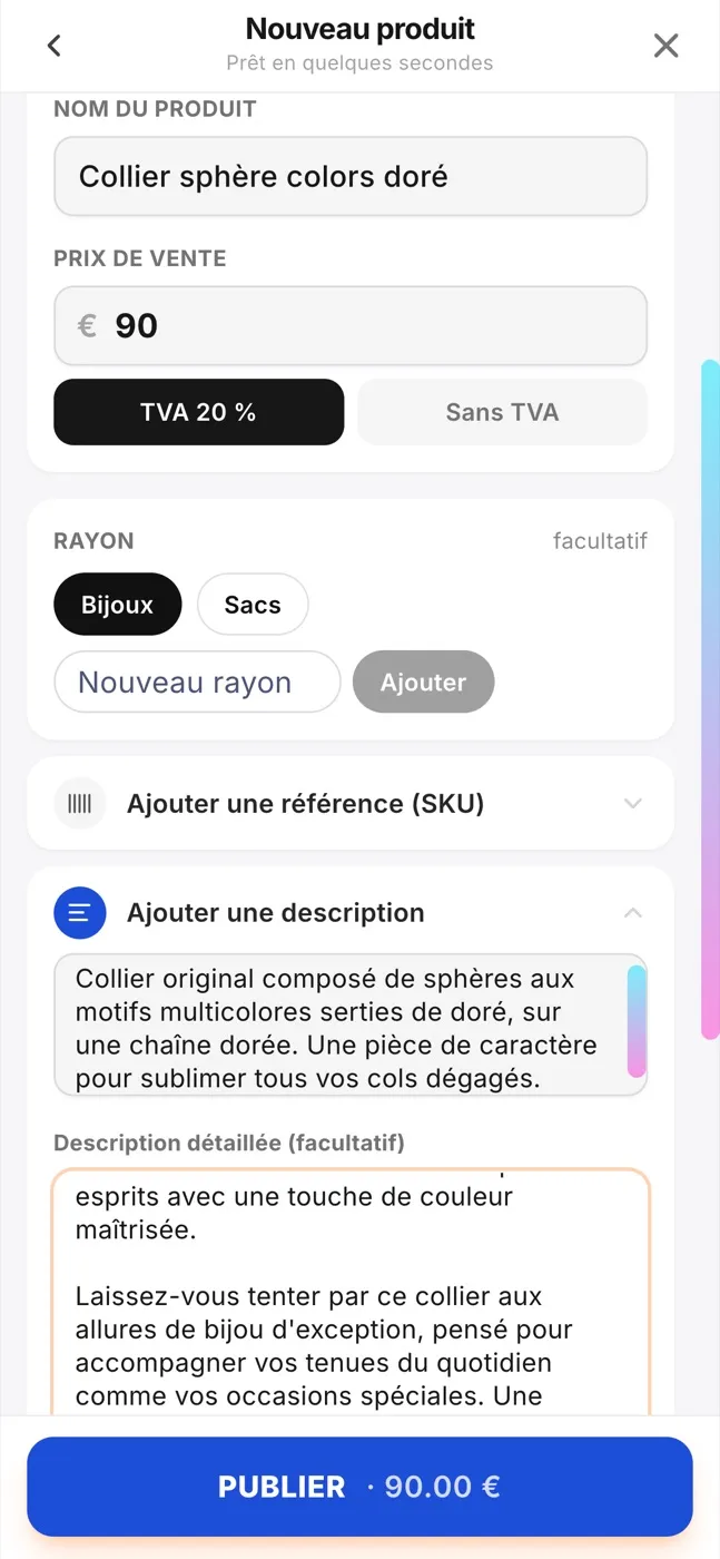 Formulaire « Nouveau produit » sur téléphone : nom, prix, rayon et description du collier remplis par l’IA, bouton Publier.