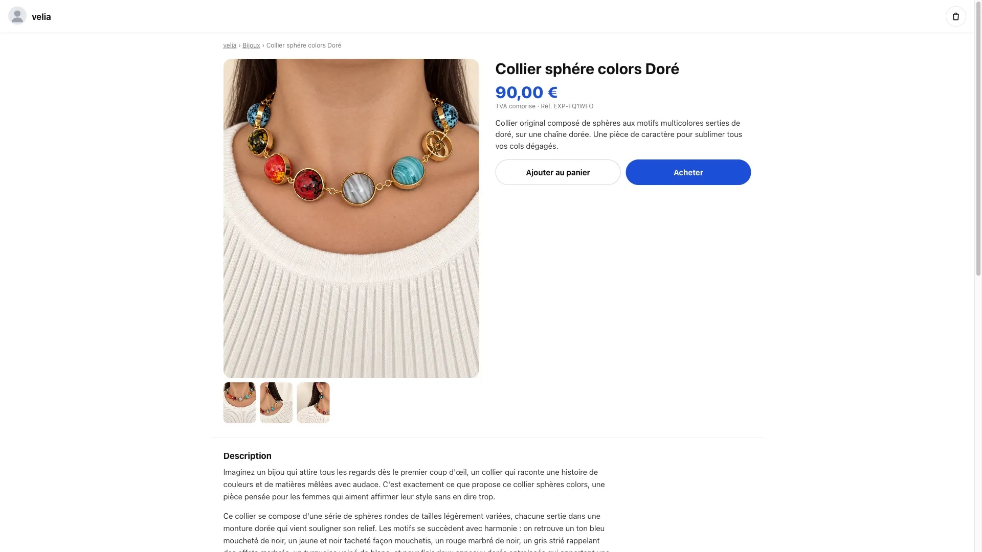 Page d’un produit telle que Google la voit : photos du collier, prix 90 €, boutons Acheter, description écrite par l’IA.