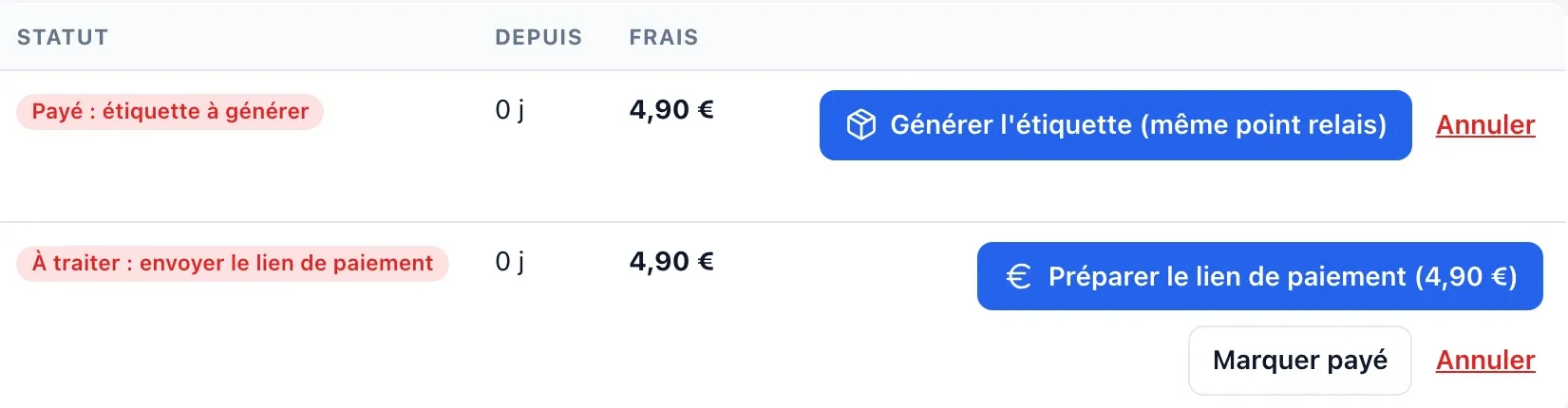 Écran réel de SAV BuyLive : colis retournés, lien de paiement du port et étiquette au même point relais.