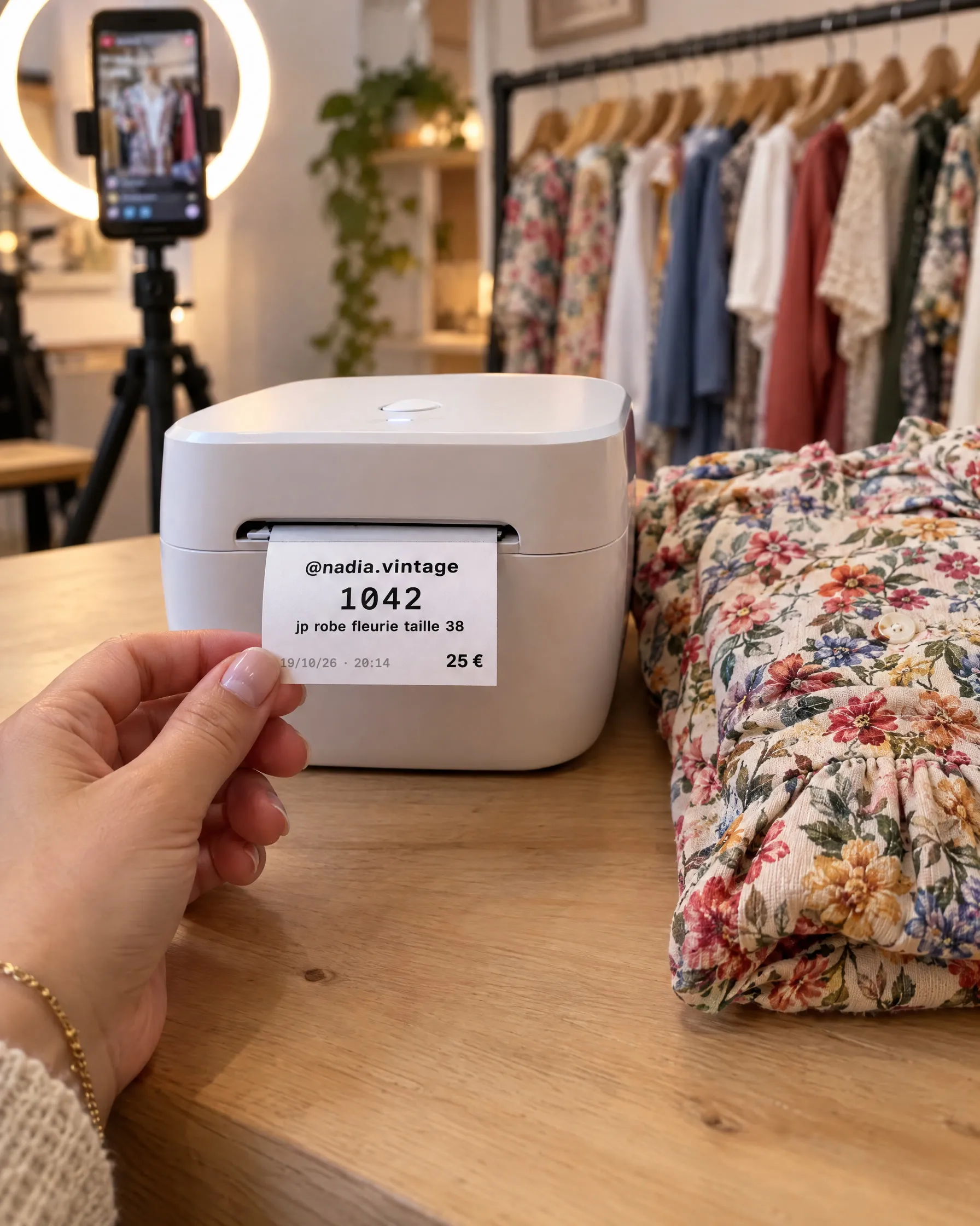 Pendant un live, une main tient la petite étiquette qui sort d’une imprimante thermique : @nadia.vintage, 1042, jp robe fleurie taille 38, 25 €. À côté, la robe fleurie pliée.