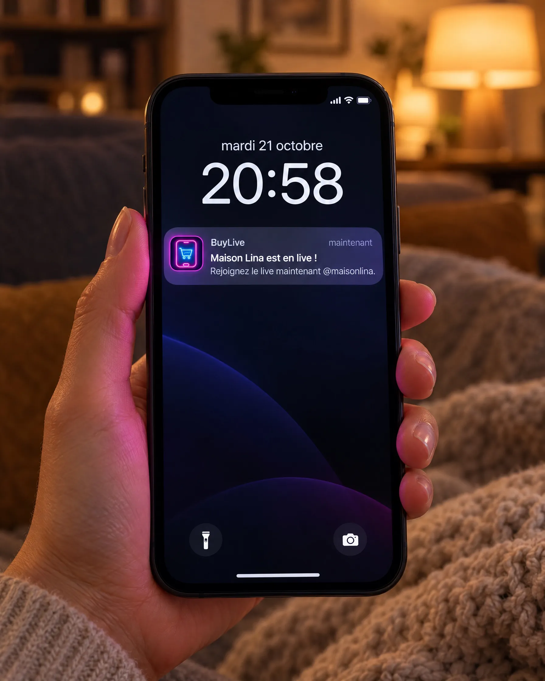 Une main tient un iPhone, le soir, dans un salon. Sur l’écran verrouillé, une notification de l’application BuyLive : « Maison Lina est en live ! Rejoignez le live maintenant @maisonlina. »