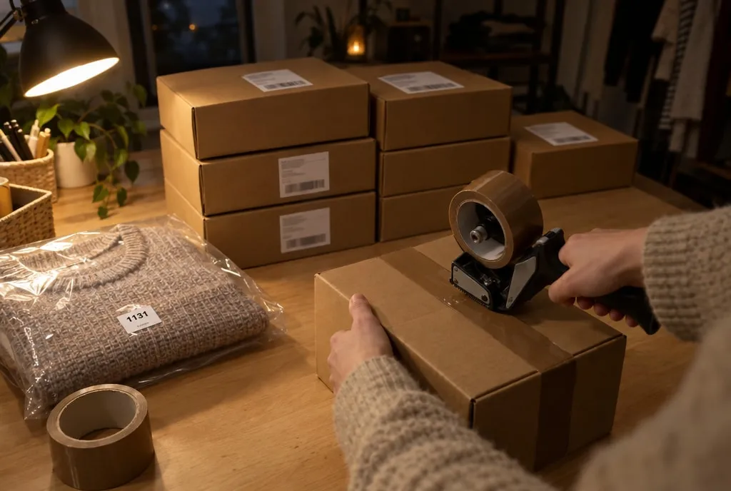 Une vendeuse ferme un carton kraft au pistolet à scotch, le soir après son live. À côté, une pile de colis étiquetés et un pull emballé avec sa petite étiquette du live, numéro 1131.