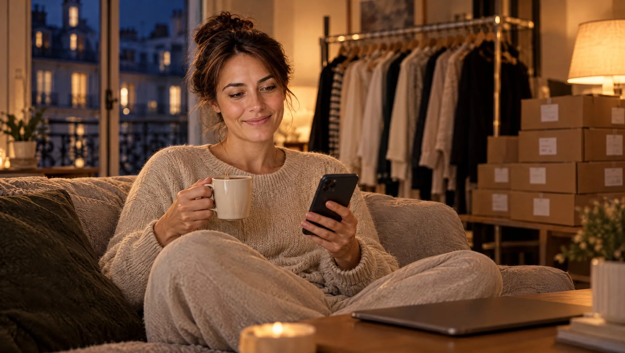La même vendeuse, plus tard dans la soirée, détendue sur son canapé avec une tasse de thé, ses colis prêts derrière elle.