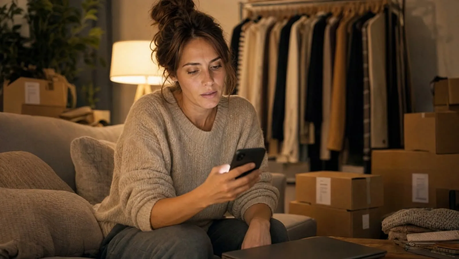 Une vendeuse en live, le soir chez elle, lit ses messages sur son téléphone, entourée de colis prêts à partir.